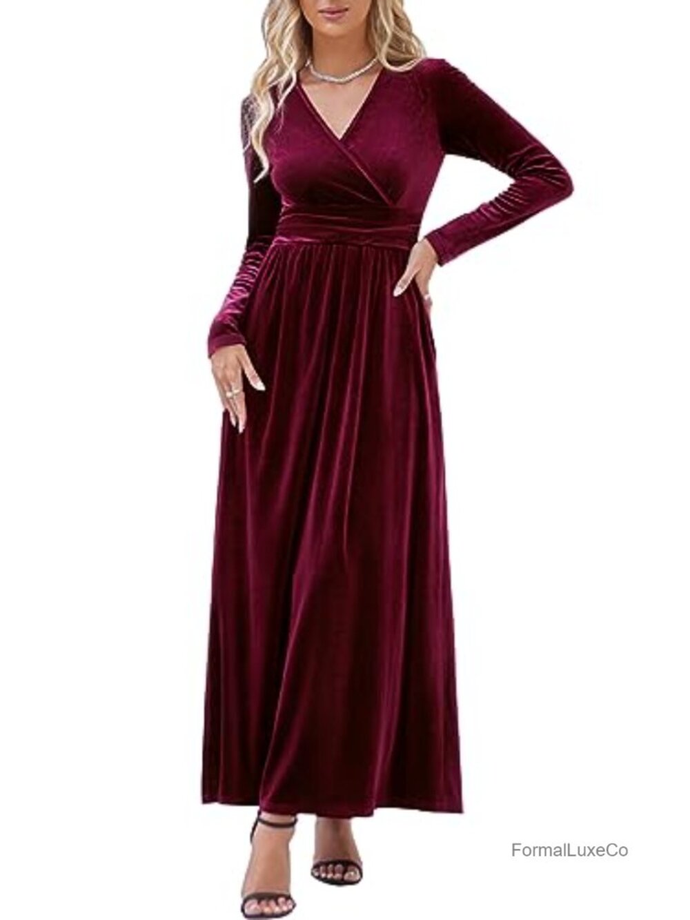 Women's Velvet Wrap Maxi Formal Dress with Pockets Long Sleeve